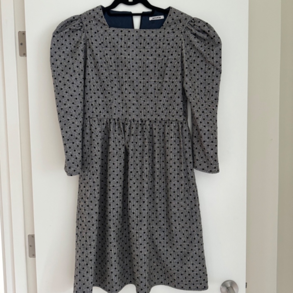 Batsheva Black and White Dot Long-Sleeve Midi Dress